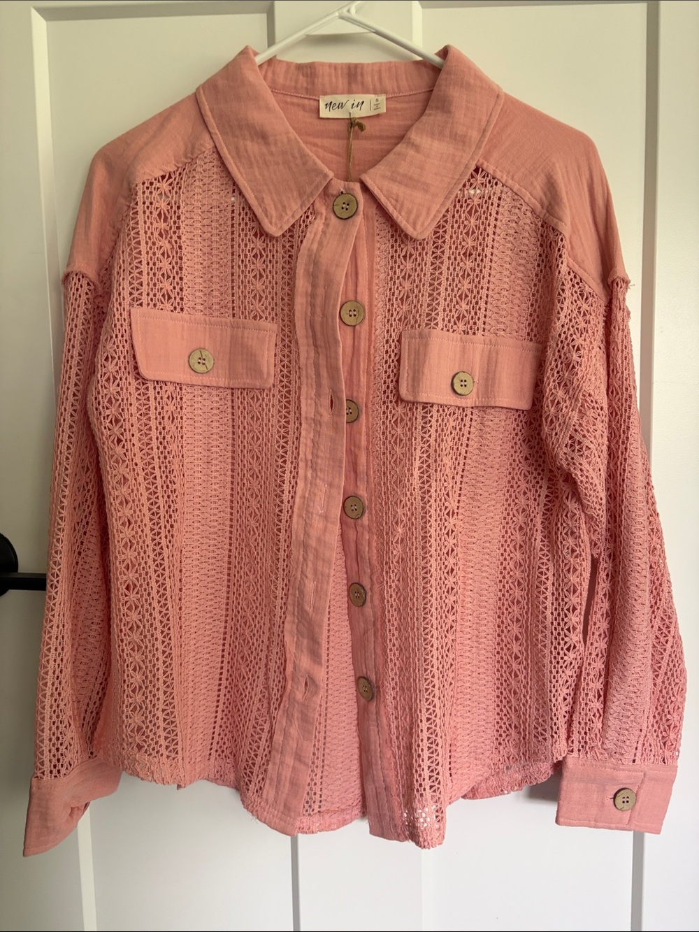 New In size small, Open Weave Button-Front Shirt Jacket in Dusty Pink